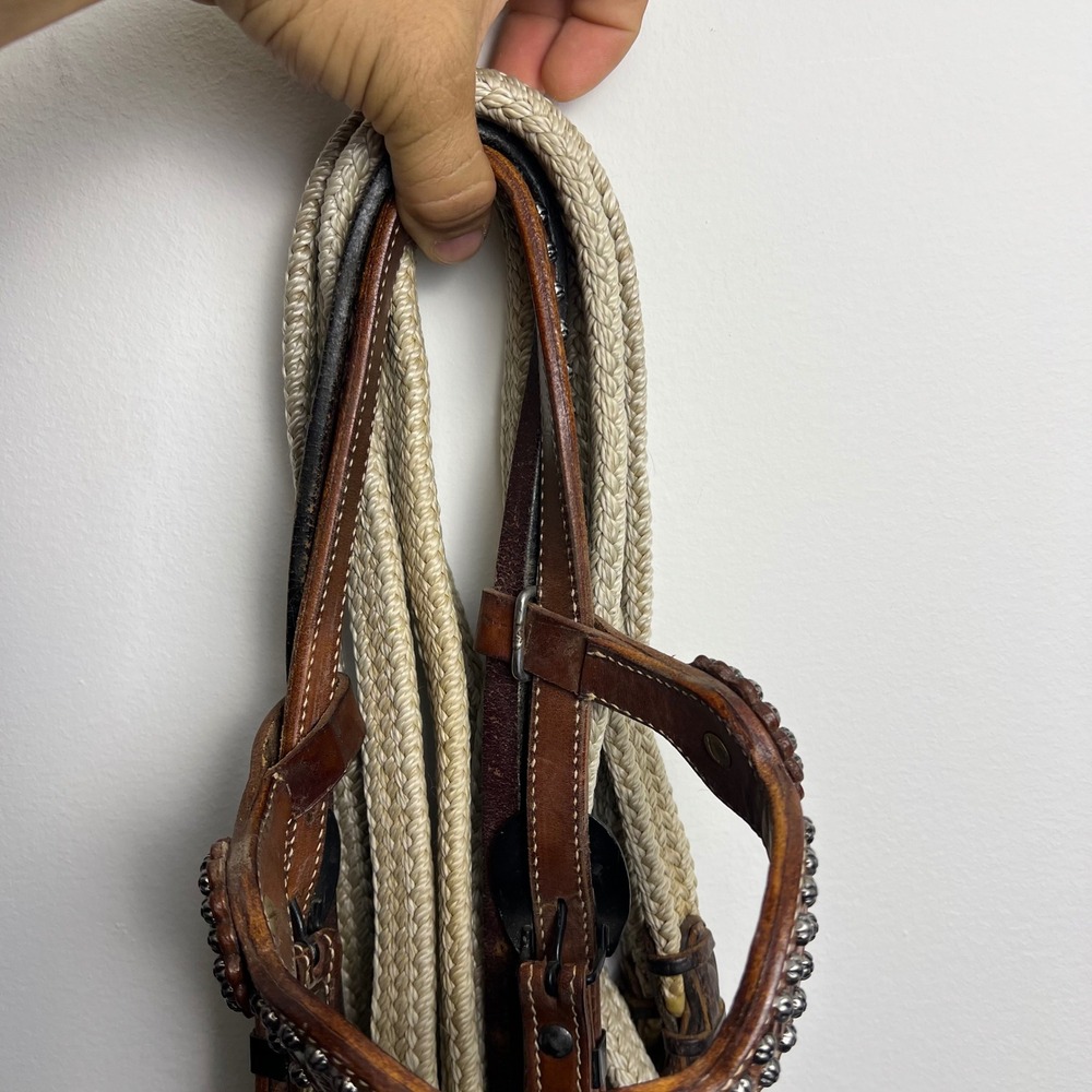 Unbranded Leather Headstall Double Diamond 7ft Reins Zebra Concho Brown Good - Picture 2 of 11